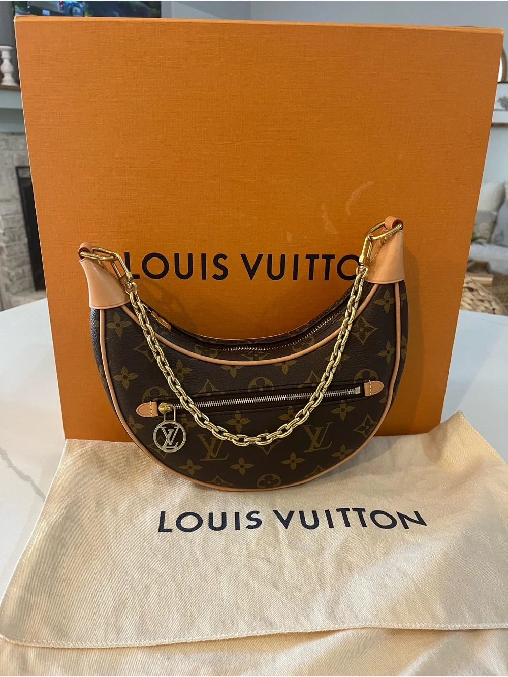 Louis Vuitton Monogram Crescent Shoulder Bag with Gold Chain and Tan Trim